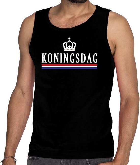 Bellatio Decorations Zwart Koningsdag met vlag en kroon tanktop / mouwloos shirt - Singlet voor heren - Koningsdag kleding L