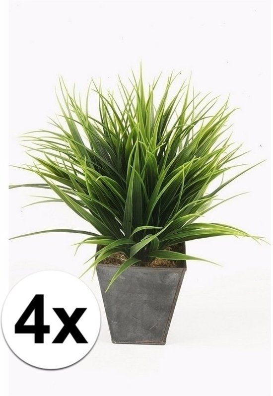Bellatio Flowers & Plants - 4x Kunstgrasplanten - Groen - 30 cm - Zinken Pot