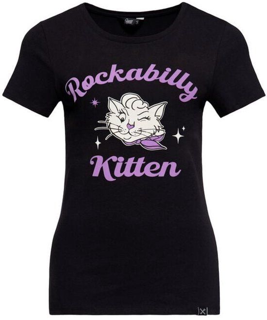 Queen Kerosin Rockabilly Kitten T-Shirt Dames T-shirt - zwart - S