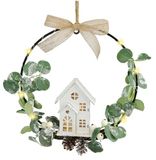 Versierde Metalen decoratieve ring 22 cm met huis LED eucalyptus dennenappels LED decoratieve kroon om op te hangen decoratieve deurkrans wanddecoratie kerstdecoratie krans