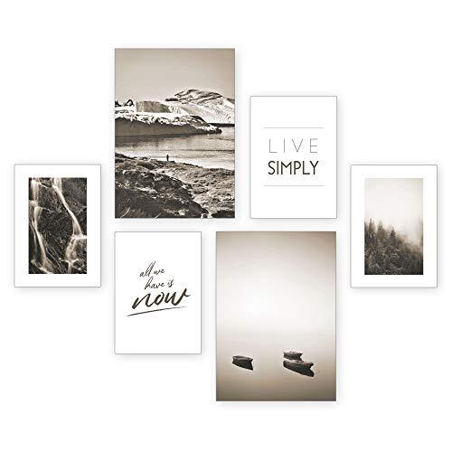 Kreative Feder Posterset | Live Simply | 6 schilderijen decoratie woonkamer modern slaapkamerbeeld voor uw muur – optioneel met lijst – 2 x DIN A3 & 4 x DIN A4 – ca. 30x40 & 20x30 Zonder lijst