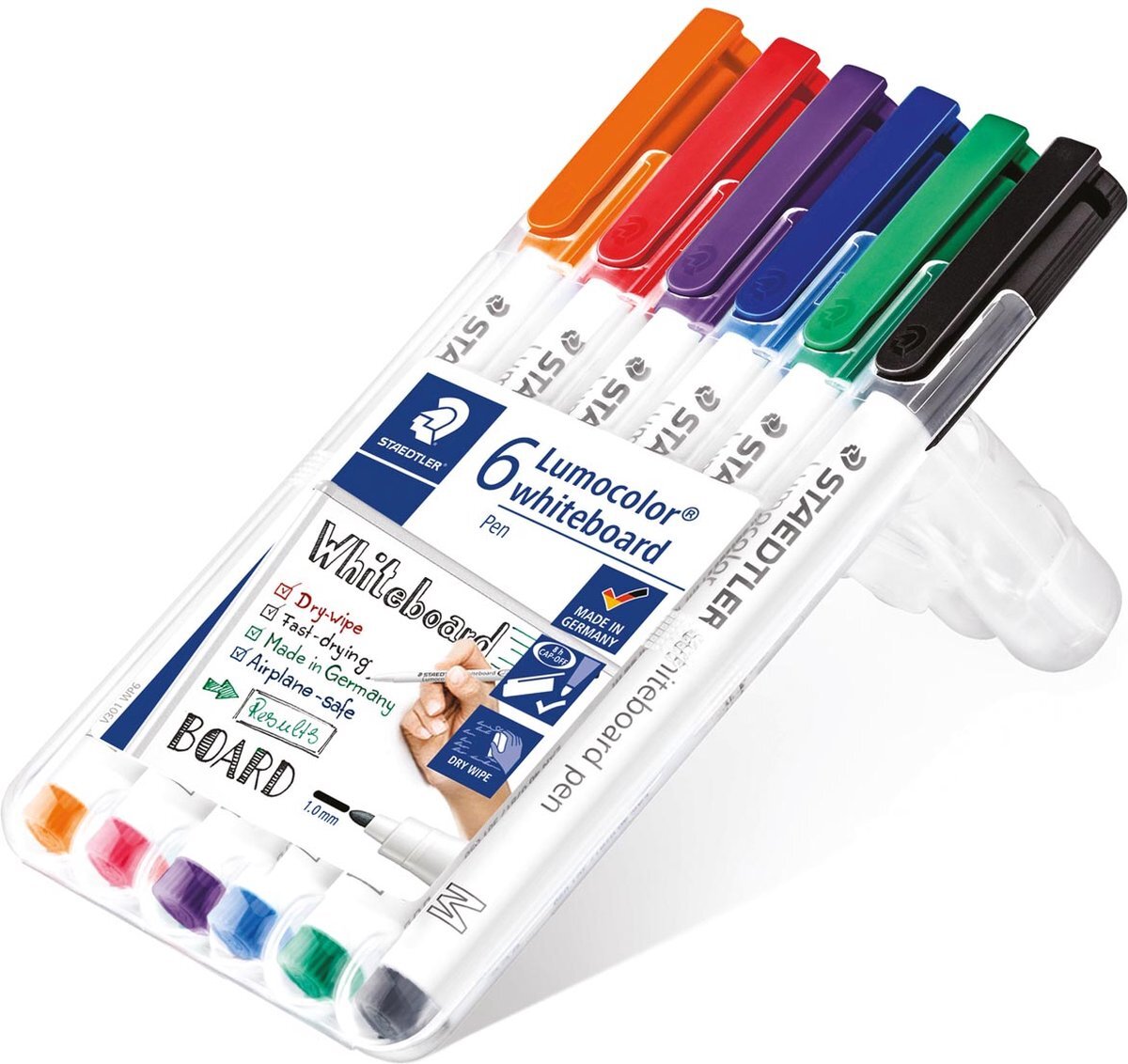 Staedtler whiteboard pen Lumocolor Pen, opstelbare box met 6 stuks in geassorteerde kleuren