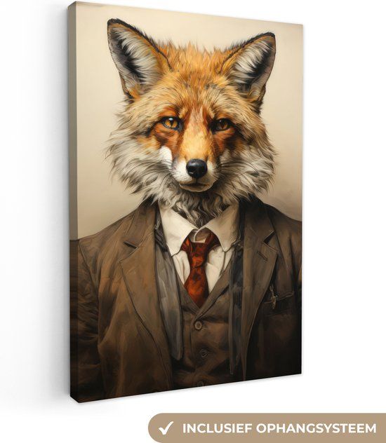 OneMillionCanvasses Canvas schilderij 90x140 cm - Vos - Vintage - Wanddecoratie