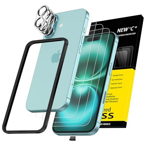 NEW'C 3 x Screen Protector voor iPhone 16 (6,1 inch) en 3 x Camera Lens Protector
