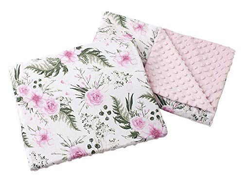 Medi Partners Babydeken, kruipdeken met kussen, 100% katoen, MINKY, multifunctioneel, voor kinderwagen, babyshell, wieg, (bloem met lichtroze Minky), deken 75 x 55 cm + kussen 35 x 30 cm