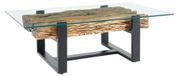 Rafta Table basse 130 cm teck recyclé avec verre trempé et pieds en métal noir en forme de U