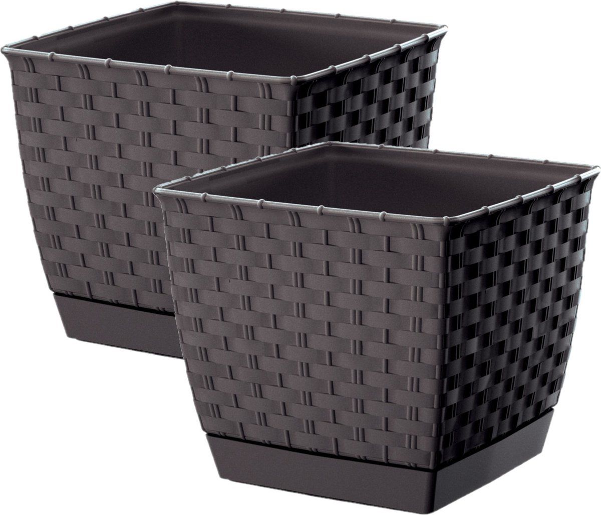 Prosperplast Plantenpotten Set - 2x Rotan Kunststof - 16.5x16.5cm - Donkerbruin