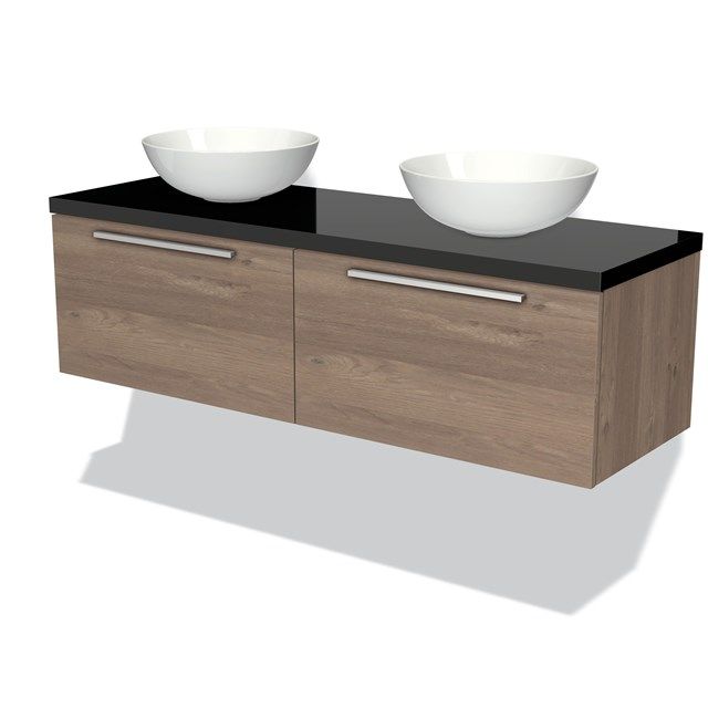 Maxaro Badkamermeubel 140cm Modulo Plato Middenbruin Eiken 2 Lades Zwart Blad