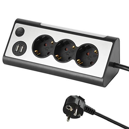 Electraline 62512, meervoudige stekkerdoos, 3-voudige stekkerdoos met 2 USB-poorten en led-nachtlampje (met schakelaar), multifunctioneel hoekstopcontact voor keuken en kantoor (1,5 m kabel), zwart
