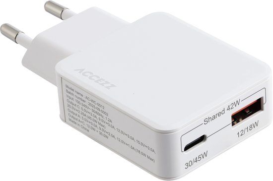 Accezz Ultra Slim GaN Oplader - USB-C + USB-A - 45W - Wit