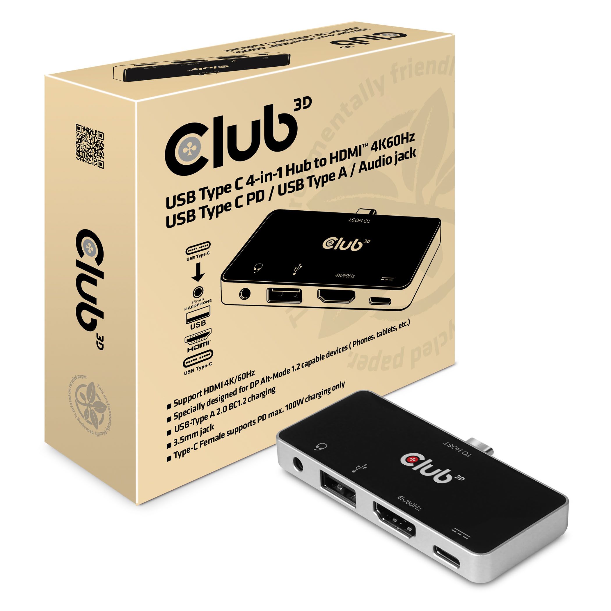Club 3D USB Type C 4-in-1 Hub - HDMI 4K60Hz, USB-C PD, USB-A, Audio Jack