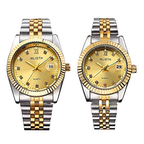 VILLCASE 2 stks Modieuze Liefhebbers Horloge Horloges Heren Dames Quartz Polshorloge (Gouden)