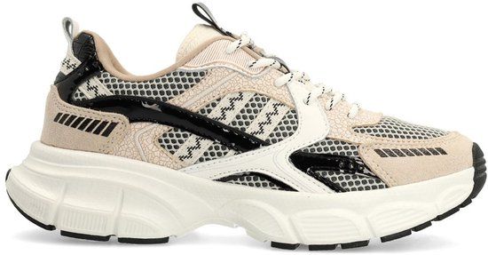 Manfield Dames Beige Sneakers met Zwarte en Witte Mesh Details - Maat 36