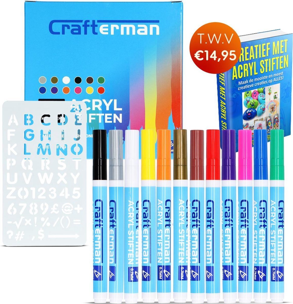 Crafterman Crafterman®? 12 st. Acryl Stiften set - Met Stencil & eBook - Happy Stones - Voor Stenen Schilderen - Verfstiften - Acrylverf