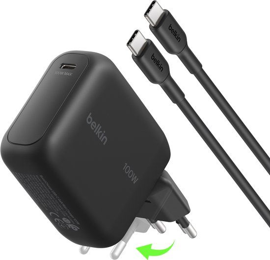 Belkin BoostCharge USB-C GaN Wandlader 100 W met 1,5 m USB-C-kabel – Snellader voor Laptop, Tablet en Smartphone – Zwart