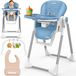 KIDUKU® Chaise haute pour bébé 3-en-1 avec adaptateur pour nouveau-né + bavoir | Chaise haute pliable avec arche de jeu | Chaise haute évolutive réglable avec 7 positions de hauteur | 0-36 mois (Bleu)
