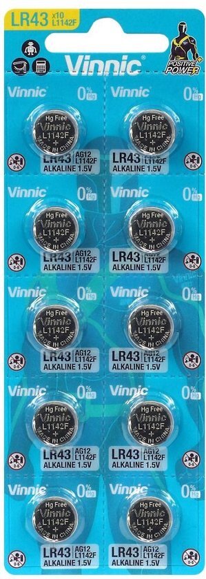 Alkaline speciaalbatterij Vinnic G12 / AG12 / L1142 / LR43 / 186 / V12GA / RW84 / D186 blister van 10 stuks