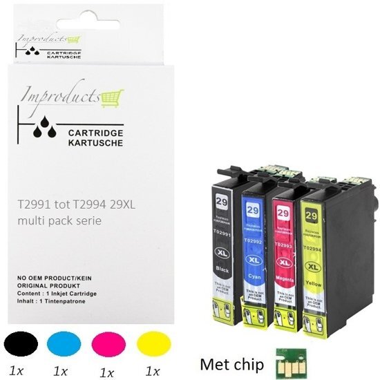 Improducts Â® Huismerk Inktcartridge Alternatief Epson 29XL multipack, 4 pack (1x T2991 zwart, 1x T2992 Cyaan, 1x T2993 Magenta, 1x T2994 Geel) met chip