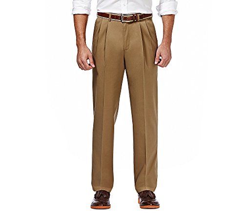 Haggar B&T Men's Premium No-Wrinkle Pants, Classic Fit, Flat Front, Expandable Waist, Khaki Casual Pants, British Khaki, 34W / 32L
