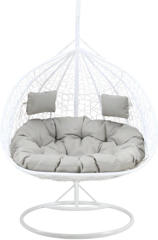 MYLIA Tweezits hangstoel CAYAMBE van gevlochten hars - Wit met grijze kussens L 120 cm x H 204 cm x D 120 cm