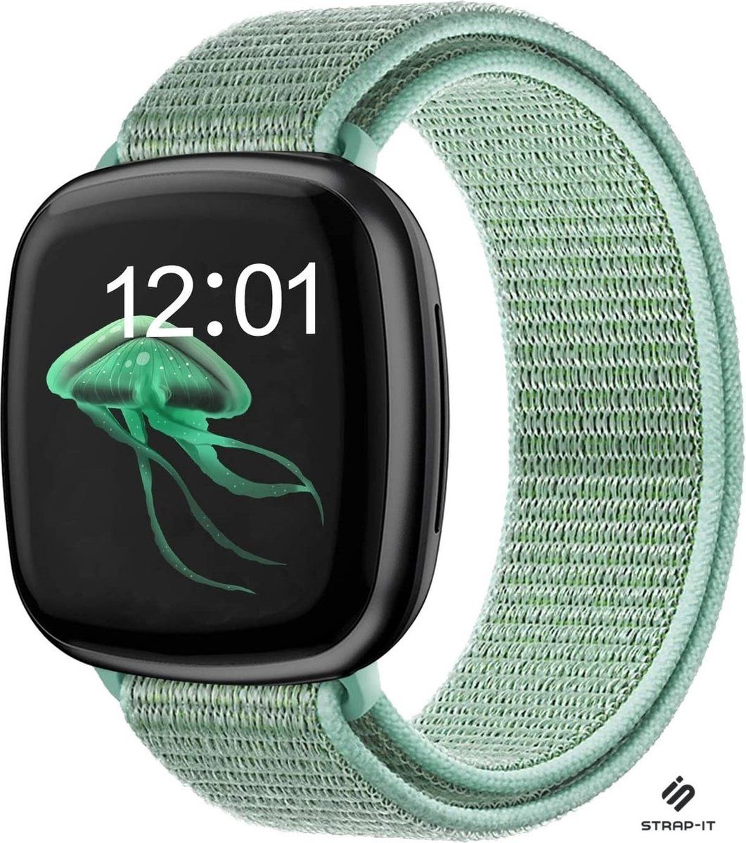 Strap-it nylon bandje - mint groen - Geschikt voor Fitbit Sense & Versa 3