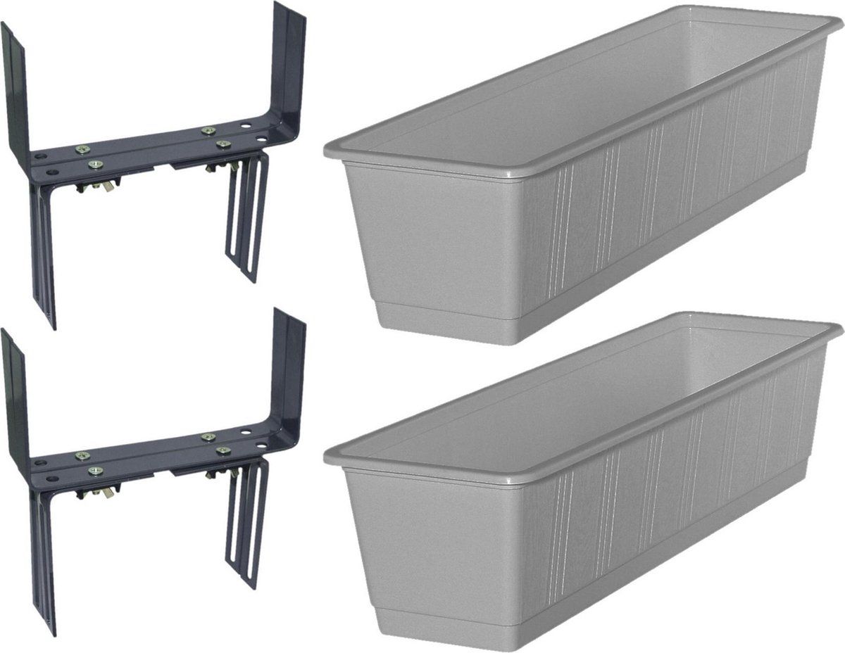 Geli Set van 2 plantenbakken grijs rechthoekig 60 cm met beugels