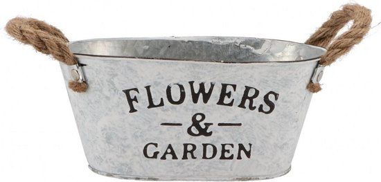 Merkloos Zinken Bloempot Ovaal met Touw 21x13x10cm Wit/Grijs RVS Zeshoek
