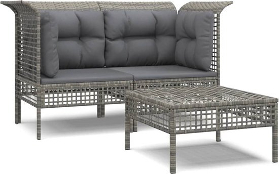 vidaXL 3-delige Loungeset met kussens poly rattan grijs