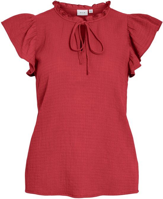 VILA VILANIA O-NECK S/L FRILL TOP/VOL Dames Blouse Koraalrood Maat 36