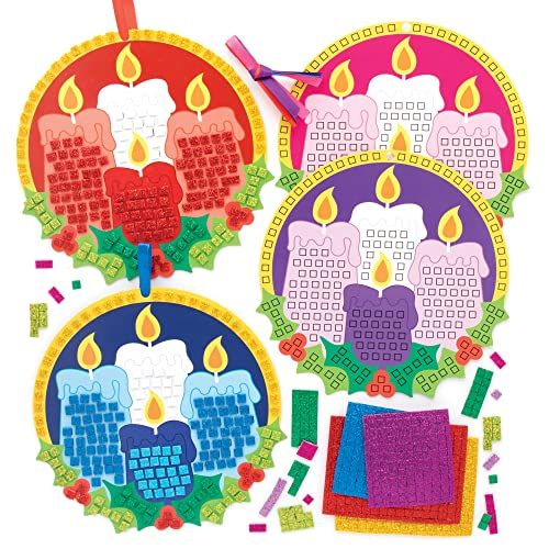 Baker Ross FC208 Advent Kaars Mozaïek Decoratie Kits - Pak van 4, Winter Mozaïek Tegels kunst en knutsels, Kerst Mozaïek Kits voor Kinderen, kinder knutsels