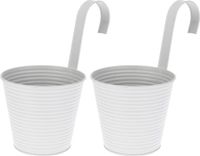 Pro Garden Set de 2x pièces pots de fleurs/jardinières seaux en zinc avec crochet de suspension blanc rayé 14x12x24 cm - Pot de balcon/clôture