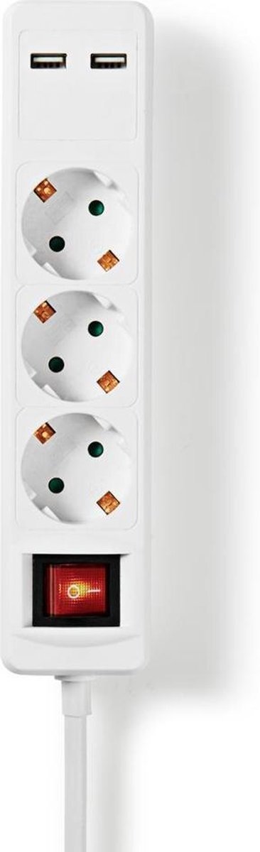 Nedis Stekkerdoos | 3-Wegs Schuko | 2x USB | 1,5 m | Aan/Uitknop | Wit