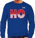 Bellatio Decorations Foute Kersttrui - sweater - HO HO HO - blauw - voor heren - kerstkleding / kerst outfit XL