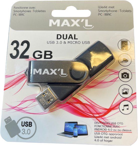 Max'l USB 3.0 Flash Drive - 32GB - Black - Micro-USB