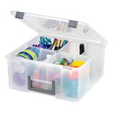Iris Ohyama, Draagbare Doorzichtige Plastic Opbergdoos met Handvat, Grijs, 25 Liter, Veilige Sluitingen, 4 Verwijderbare Binnenbakjes en 4 Verdelers, voor Hobby, Knutselen, Kunst, BPA-vrij, DCB-4