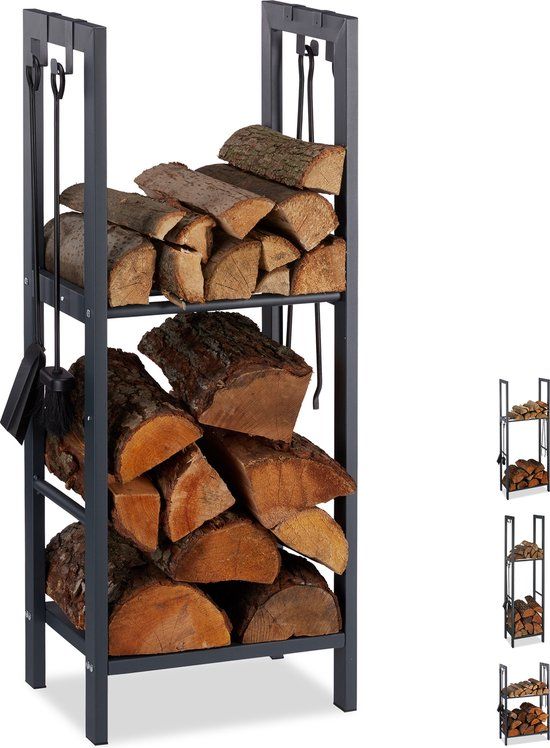 Relaxdays Brandhout rek - 2 planken - staal - 4 haken voor haardbestek - haardhout - antraciet