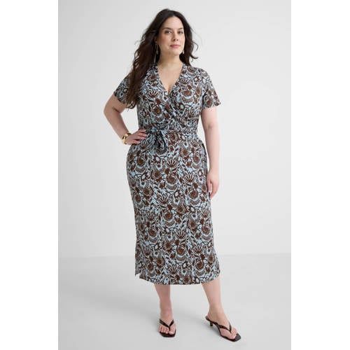 GREAT LOOKS crinkle overslagjurk met bloemenprint blauw/bruin