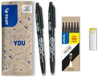 PILOT - Set van 2 FriXion Ball 07 + 1 set van 6 vullingen + 1 gum - Uitwisbare pen met warmtegevoelige inkt - Navulbare rollerbalpen - Zwart - Medium punt