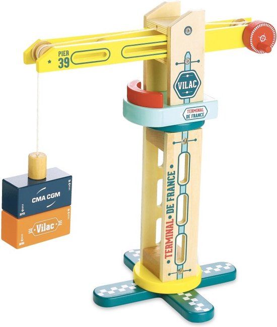 Vilac Houten Hijskraan met Magnetische Containers - 34 cm Hoog - Multi