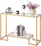 Vevor 2-laags Glazen Consoletafel, Rechthoekige Bijzettafel, Goudkleurig, 107 cm