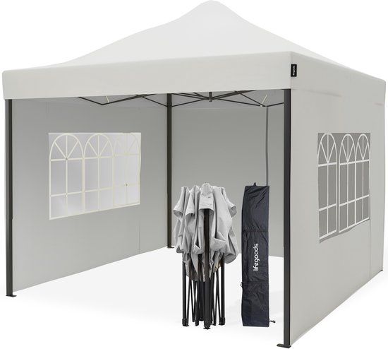 LifeGoods Partytent - 3x3 m - Zijwanden - Easy Up - Paviljoen - Opvouwbaar - Waterdicht - Draagtas met Wieltjes - Wit