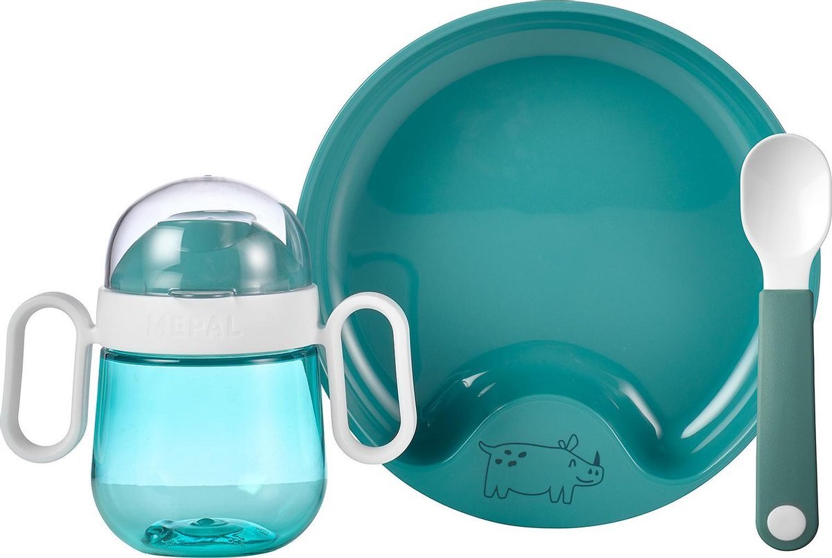 Mepal Mio – Babyservies 3-delig – bestaat uit een oefenbord, antilekbeker en oefenlepel – Deep turquoise – licht in gewicht – kan tegen een stootje