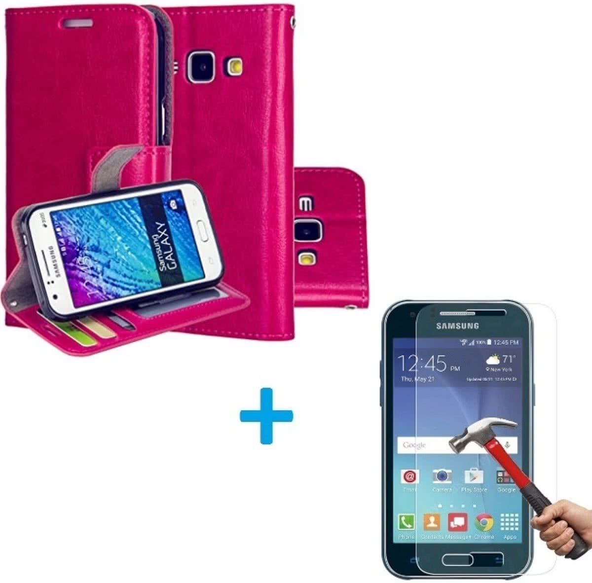 Aml Samsung Galaxy J1 2016 Portemonnee hoes roze met Tempered Glas Screen protector