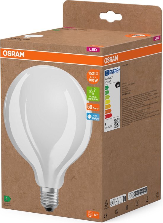 OSRAM LED-Lampe in klassischer Kolbenform, mit dekorativem LED-Filament im Frosted Design, Energieeffizienzklasse A, E27, 11.6 W, 2452 lm, 4000 K, kaltweiß. Ohne Aufwärmen, sofort 100 % Licht.