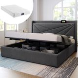 Singularity Gestoffeerd tweepersoonsbed met USB Type C hoofdbord - Opbergbedden bedframe van linnen materiaal, 140x200 met matras
