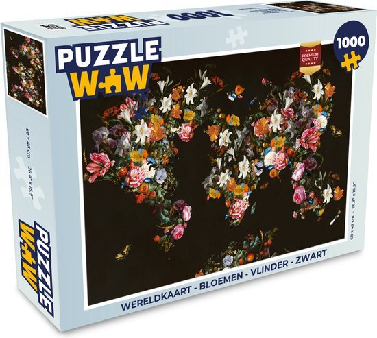 MuchoWow Puzzel Wereldkaart - Bloemen - Vlinder - Zwart - Legpuzzel - Puzzel 1000 stukjes volwassenen