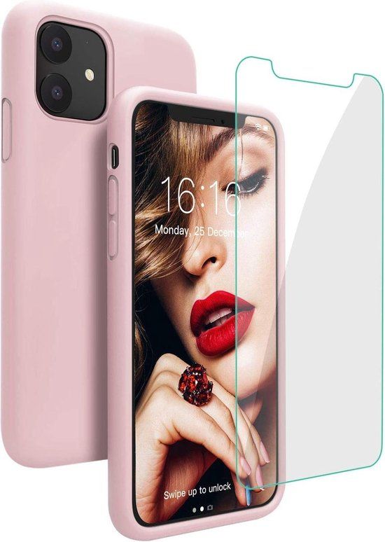 ZT Accessoires iPhone 11 Liquid Sand Case - Pink TPU Silicone Back Cover + 2x Tempered Glass Screen Protector