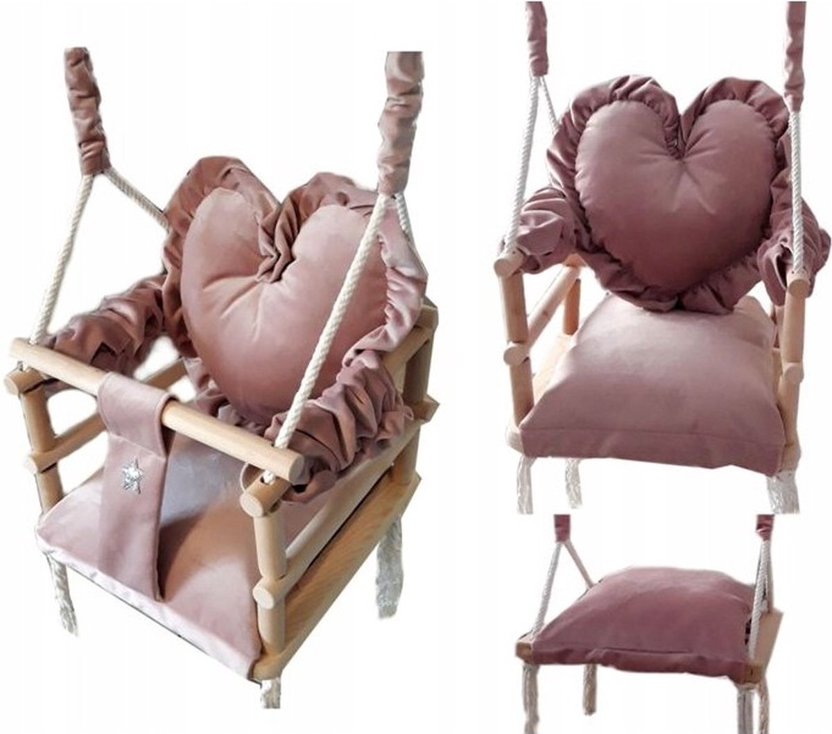 LoveGifts Luxe houten 3 in 1 handgemaakte roze meegroei baby schommel en kinder schommel met hart vormig kussen – Baby swing – Schommel die meegroeit met je kindje - Schommelstoel - Schommels