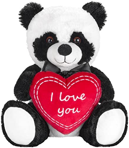 BRUBAKER Panda pluche beer met hart rood - I Love You - 25 cm - Panda knuffel - Teddybeer pluche teddy knuffel - Knuffel zwart wit