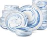 MALACASA, service de 24 pièces en porcelaine, set combiné, service de table avec assiettes plates, assiettes à dessert, bols, couleur bleu marbre